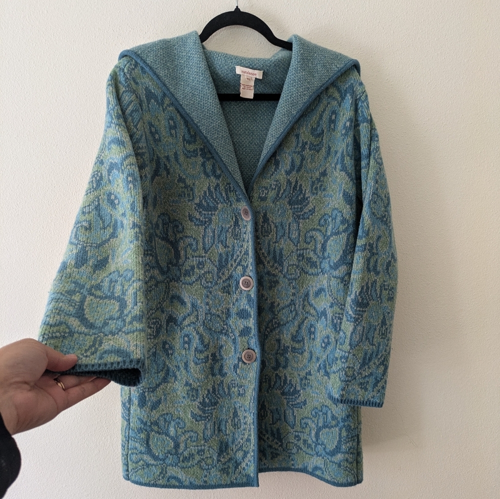 Sundance 100% Lambswool Teal Jacquard Jacket Cardigan sz PS Boho Fisherman - Picture 2 of 11